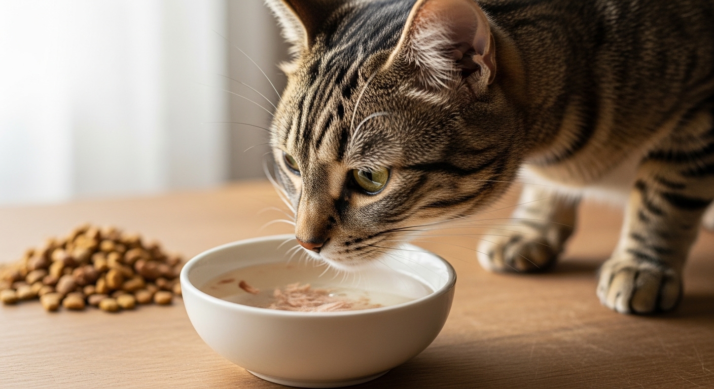 Тунцовая вода для кошек: полезна ли она? [Плюсы и минусы]